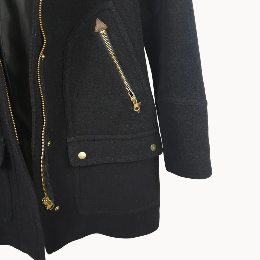 J.Crew Womens 2 Italian Wool Hooded Tailored Coat Black Lined Gold Accents Warm - Picture 4 of 15